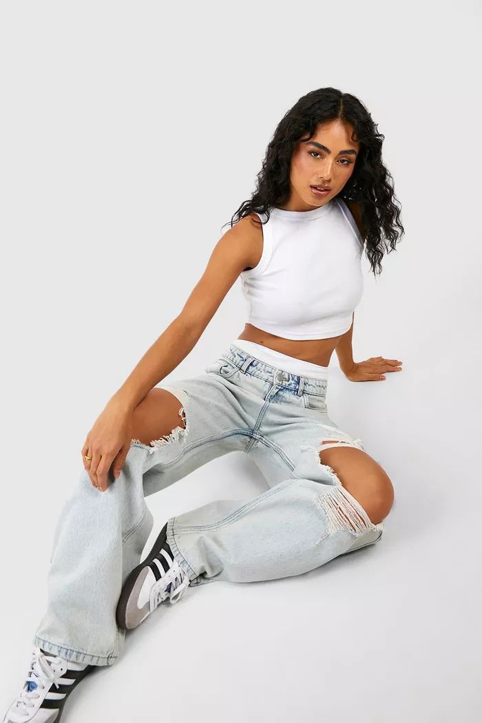 Bleach Wash Super Distressed Relaxed Straight Leg Jeans | boohoo (US & Canada)