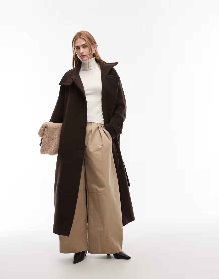 ARKET wool maxi belted trench coat with side splits in brown | ASOS (Global)