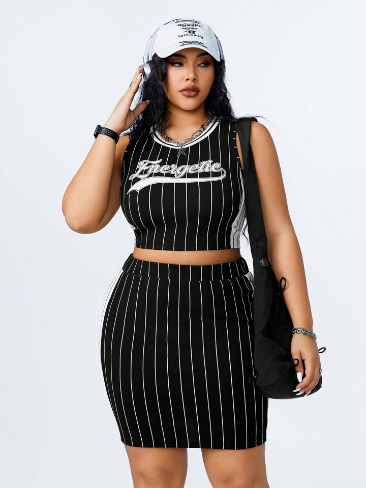 Coolane Plus Size Crew Neck Sleeveless Top With Letter Print Detail And Casual Mini Skirt | SHEIN