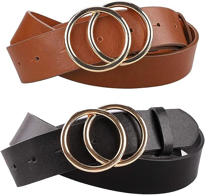 Earnda Women's PU Leather Belts Dress Double Buckle Strap 2 Pieces | Amazon (US)