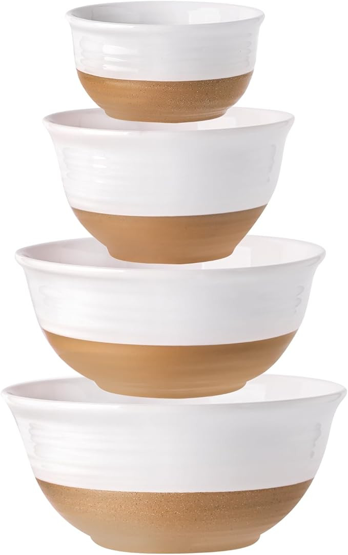 Amazon.com: HASENSE Nesting Ceramic Mixing Bowls Set of 4, 2.1/1.5/1.0/0.5 Qt White & Terracotta ... | Amazon (US)