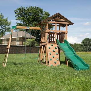 Lightning Ridge Outdoor Playground Set Wooden PlaySet w/ Wave Slide, Swing Set, and Rock Climbing... | The Home Depot