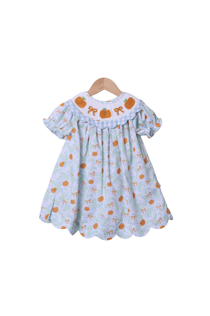 Smocked Floral Pumpkin Bow Scalloped Gingham Dress | The Smocked Flamingo
