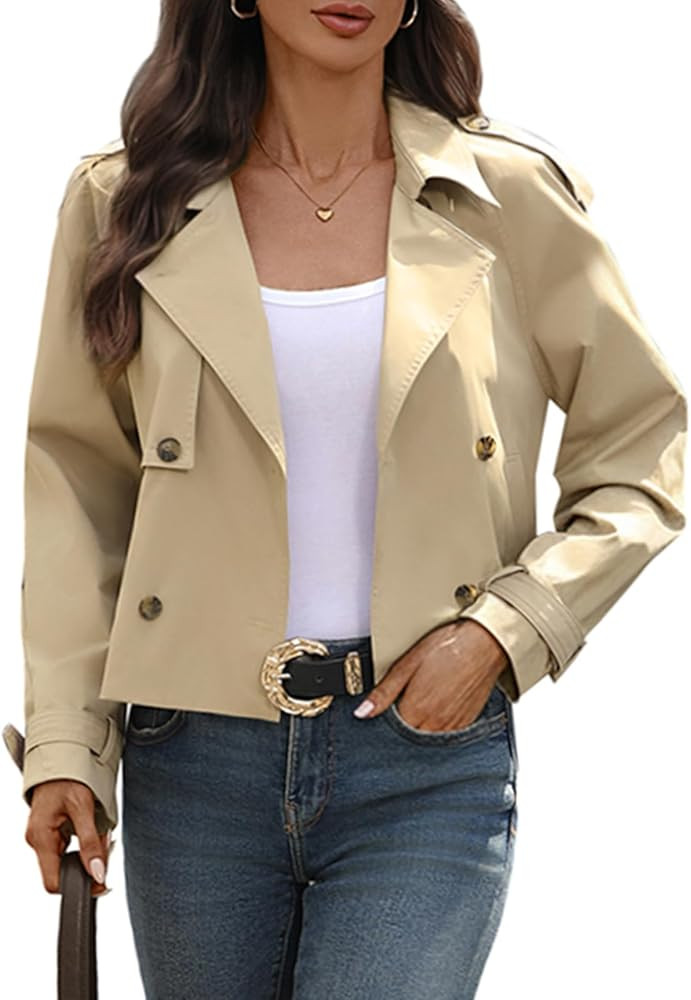 Women's Cropped Trench Coat Lapel Long Sleeve Button Down Crop Jacket Double Breasted Oversized J... | Amazon (US)