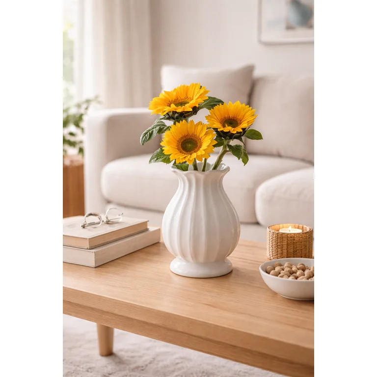 White Ceramic Ribbed Vase 7.6 in for Living Room Table Centerpiece Home Decor NOVATRAX | Walmart (US)