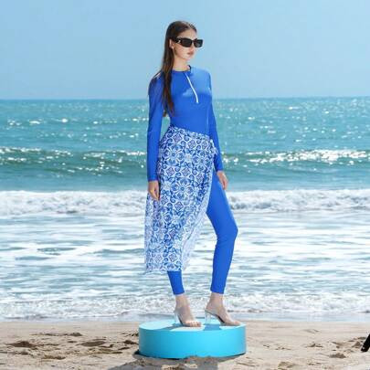3pcs Women Modest Casual Beach Swimsuit Set: Solid Color Long Sleeve Zipper Top, Solid Color Pants, And Random Printed Cover Up Skirt Burkini, Summer | SHEIN