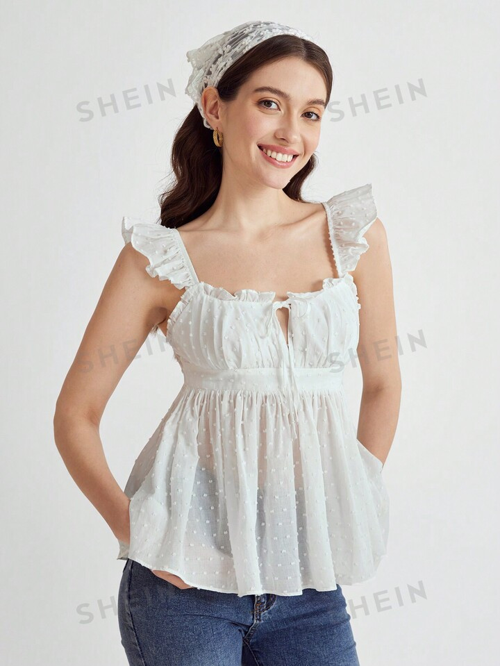 Enchnt Summer Romantic Vacation Comfortable Lace-Up Polka Dot Cute Ruffle Babydoll Top | SHEIN US... | SHEIN