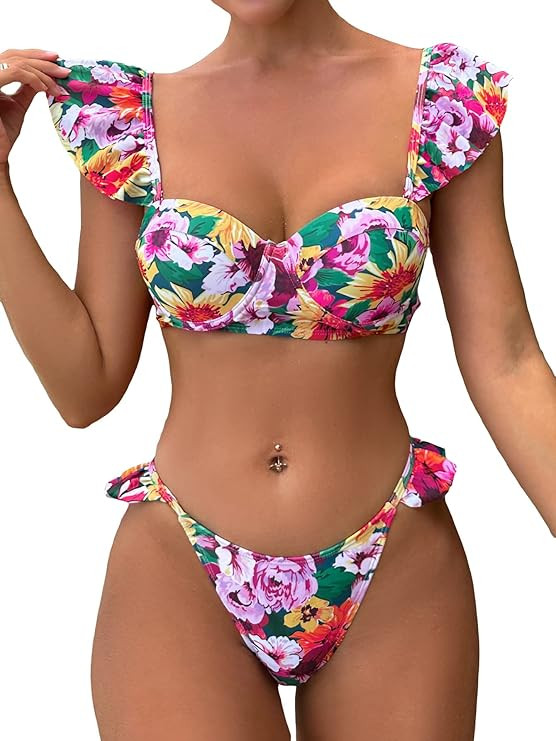 SHENHE Women's Floral Ruffle Trim Push Up 2 Piece Bikini Swimsuit Thong Bathing Suits | Amazon (US)