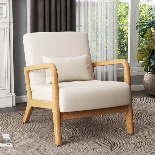 UIXE Accent Chair Living Room Arm Chairs with Lumbar Pillow, Mid Century Modern Armchair Comfy Upholstered Single Sofa Lounge Reading Seat Solid Wood Side Sitting for Home Dorm Bedroom, Beige | Amazon (US)