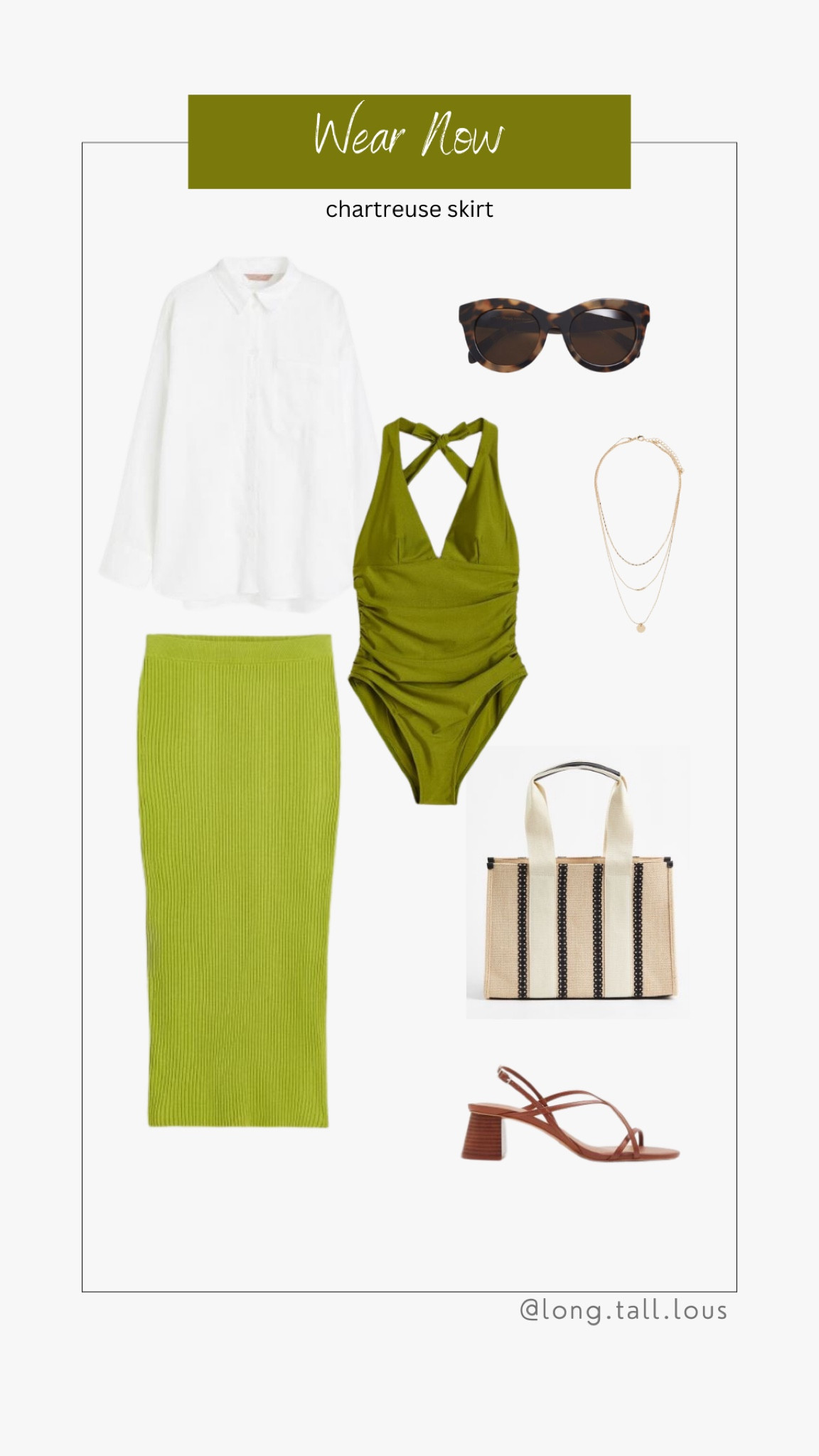 Chartreuse rib knit H&M skirt, green bathing suit, white linen shirt, canvas tote bag, brown sandals, multi layer necklace and tortoise sunglasses. 

Wear now wear later



#LTKeurope #LTKunder50 #LTKSeasonal