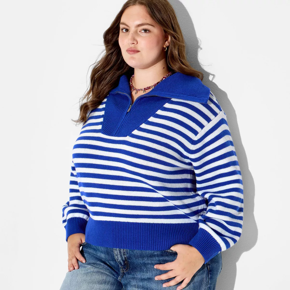 Women's Long Sleeve Quarter Zip Polo Sweater - Wild Fable\u2122 Blue Striped 2X | Target