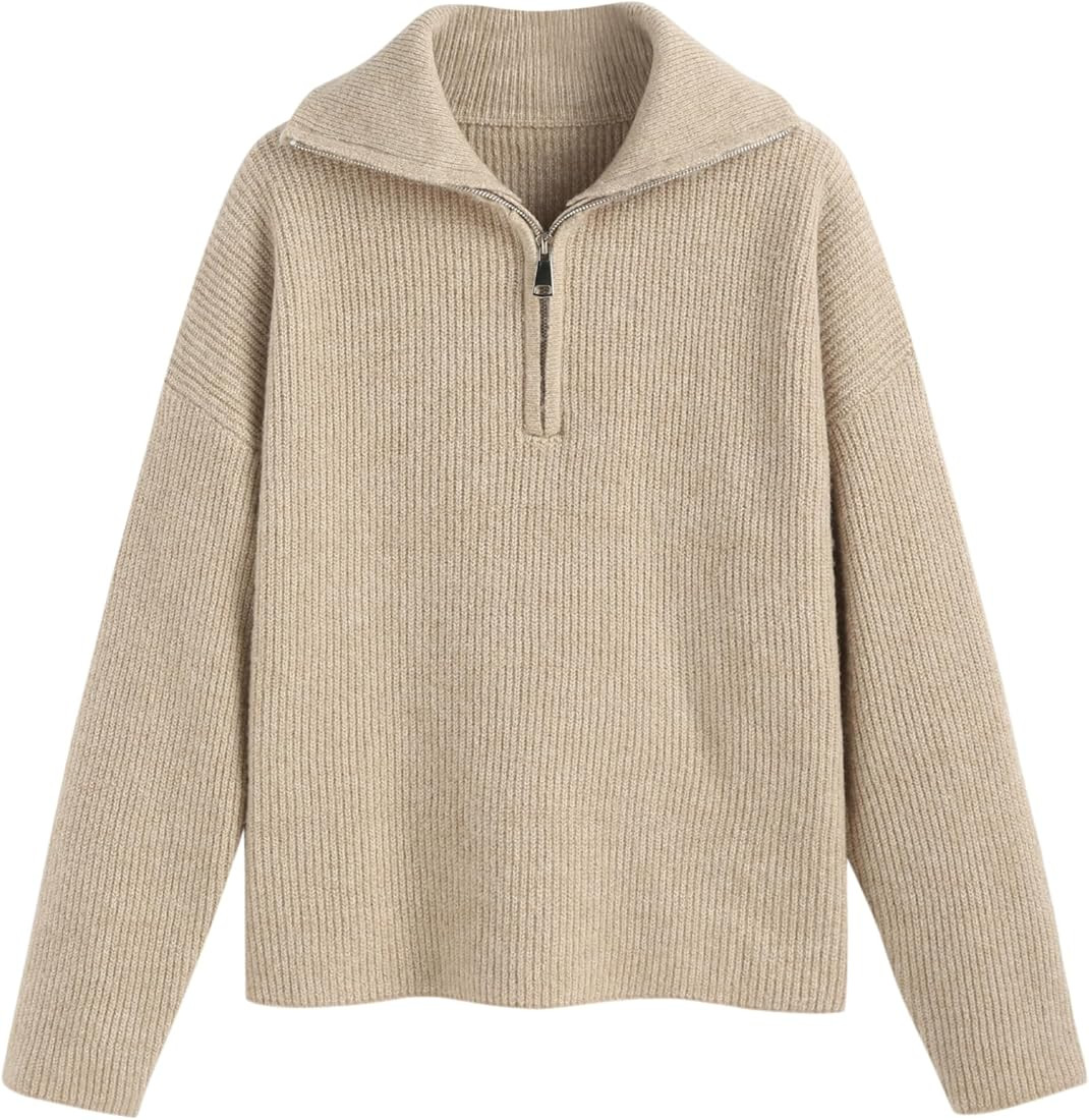 CIDER Quarter Zip Pullover Sweaters for Women Trendy V Neck Long Sleeve Fall Sweaters Solid Knit ... | Amazon (US)