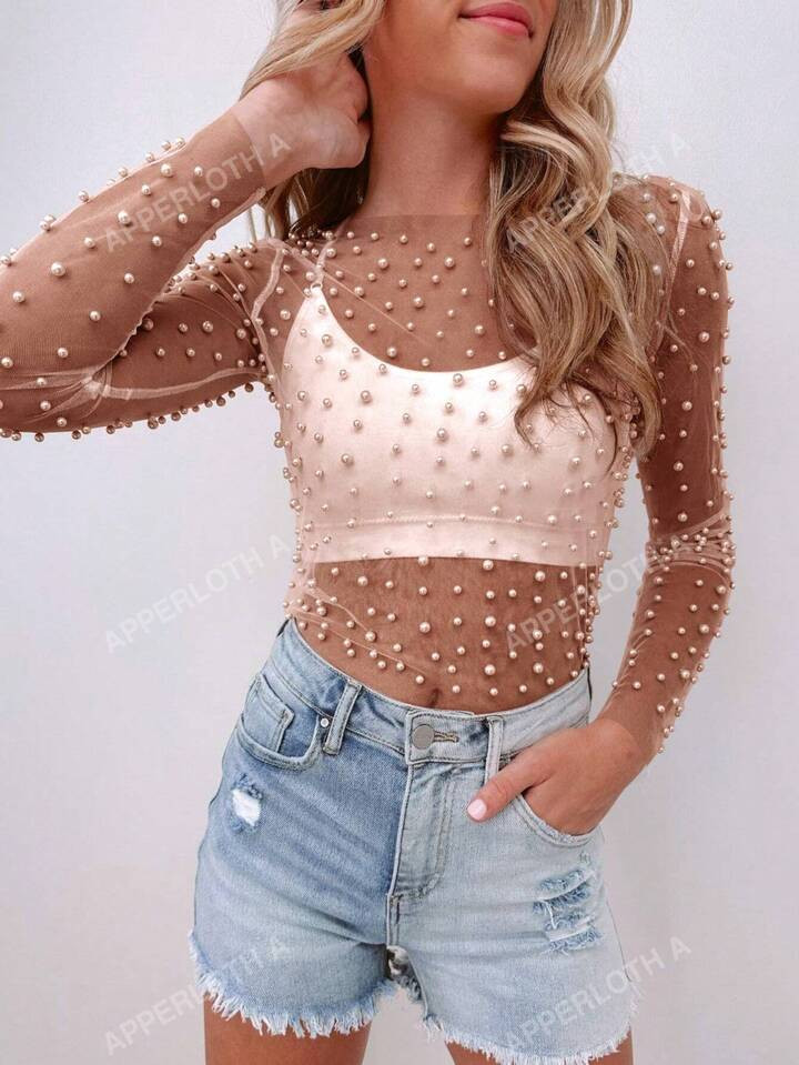 Apperloth A Rave Festival Pearl Beaded Sheer Mesh Perspective Long Sleeve Cover Up Clubwear Top W... | SHEIN