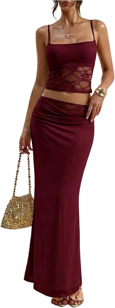 Verdusa Women's 2 Piece Vacation Outfits Lace Backless Cami Tops with Maxi Skirts Summer Going Ou... | Amazon (US)