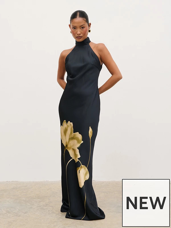 Pretty Lavish Kiara Halterneck Maxi Dress - Largescale Poppy | Very (UK)