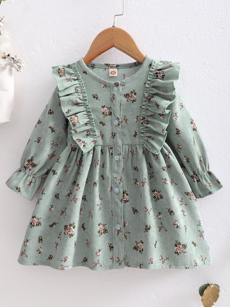 Baby Girl Floral Print Ruffle Trim Flounce Sleeve Corduroy Dress | SHEIN