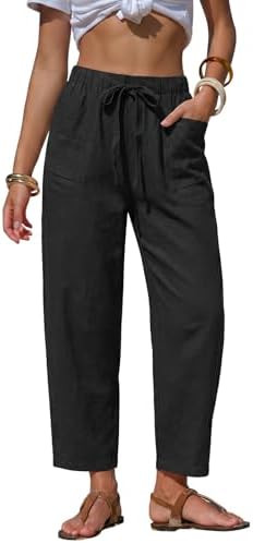 EXLURA Womens Summer Faux Linen Striped Barrel Pants Comfy Drawstring Capri Pant with Pockets Bea... | Amazon (US)