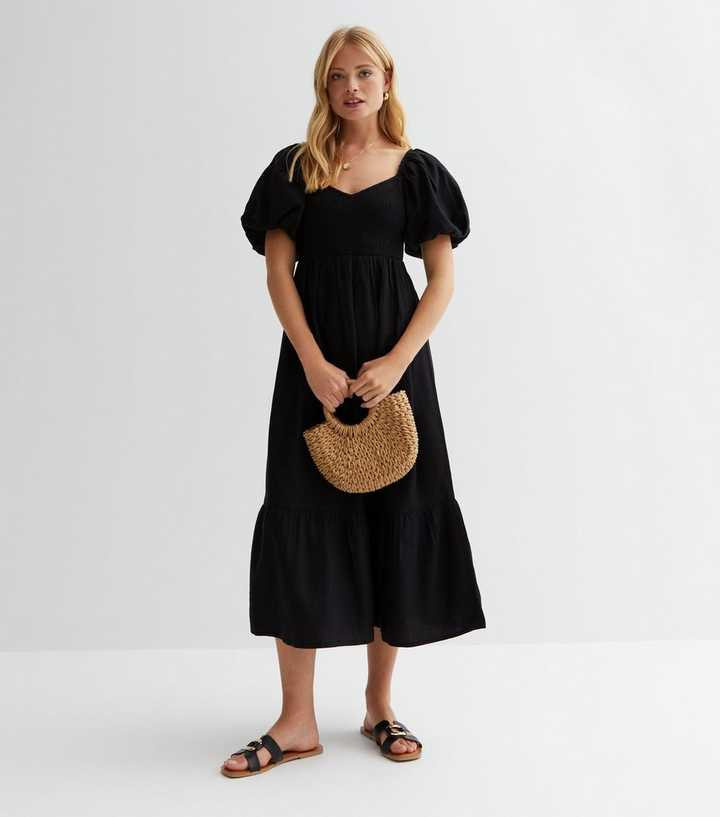 Black Puff Sleeve Shirred Midaxi Dress
						
						Add to Saved Items
						Remove from Saved It... | New Look (UK)