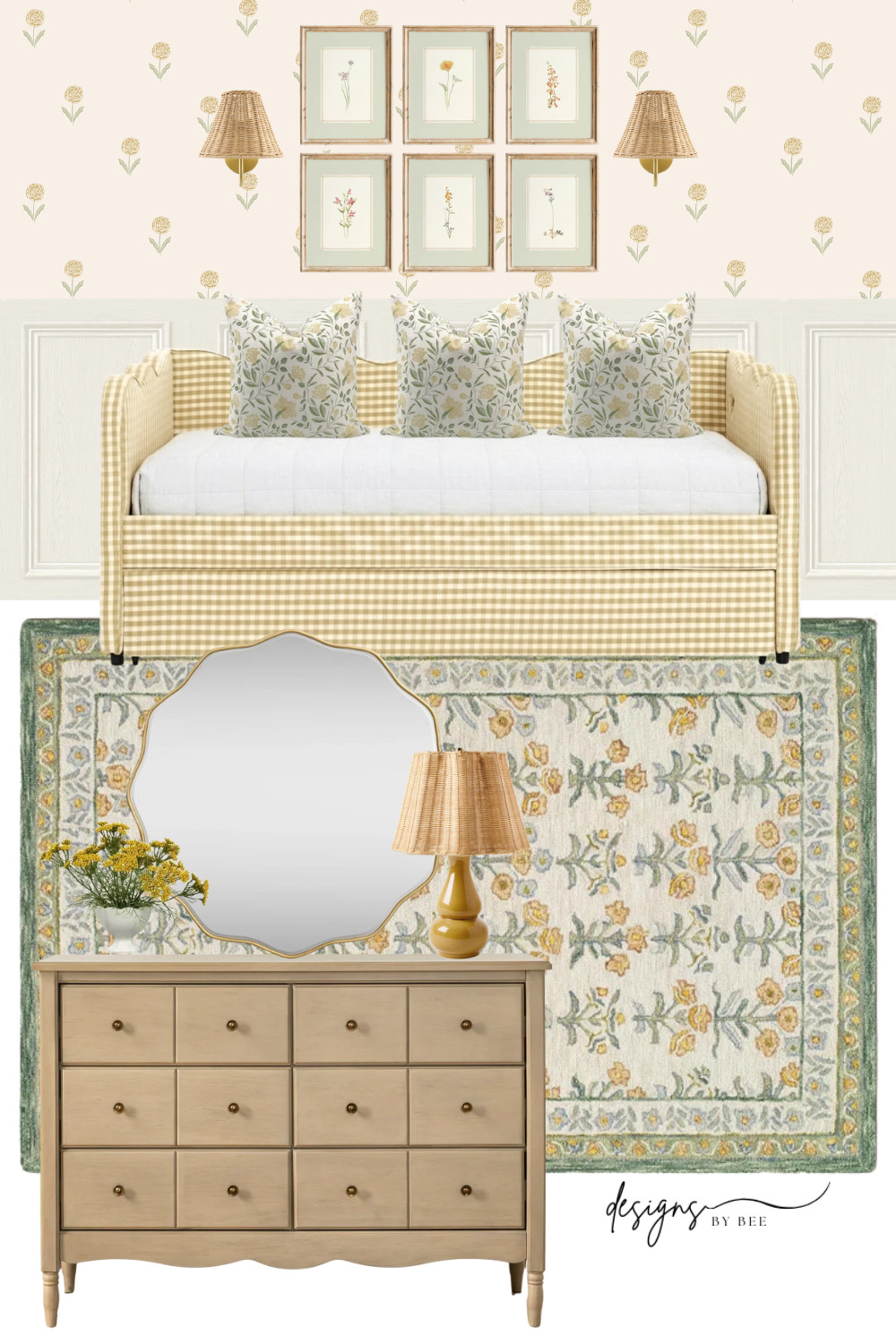 vintage-inspired, cottagecore, nursery design, soft yellow palette, gingham daybed, floral wallpaper, botanical prints, cozy aesthetic, traditional style, scalloped mirror, light wood dresser, woven lampshades, layered textiles, floral rug, feminine decor, warm neutrals, classic charm, cottage bedroom, spring-inspired, airy and soft, timeless design, delicate patterns, home styling, interior mood board, Designs by Bee 

 #LTKHome #LTKKids