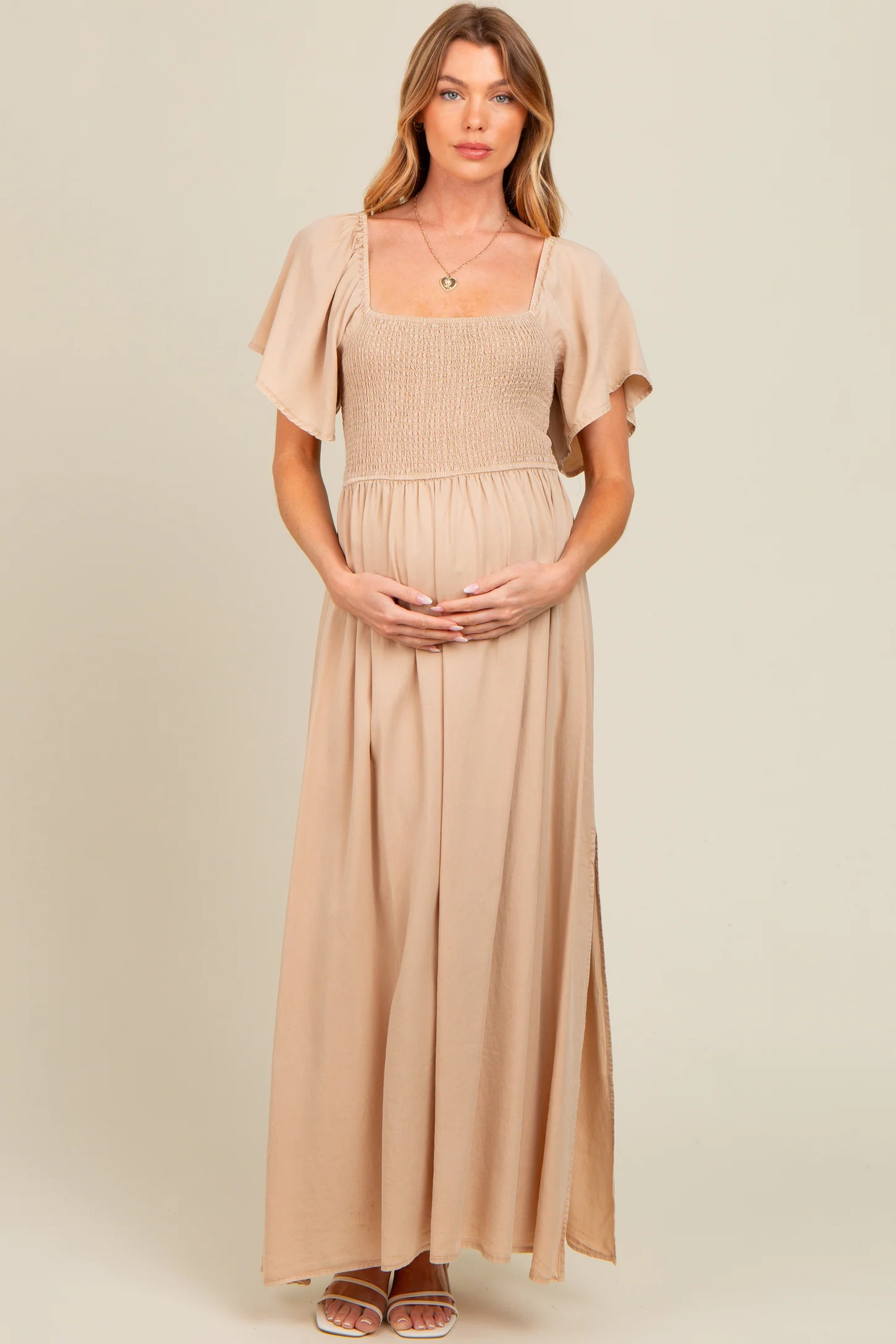 Light Olive Chambray Smocked Maternity Maxi Dress | PinkBlush Maternity