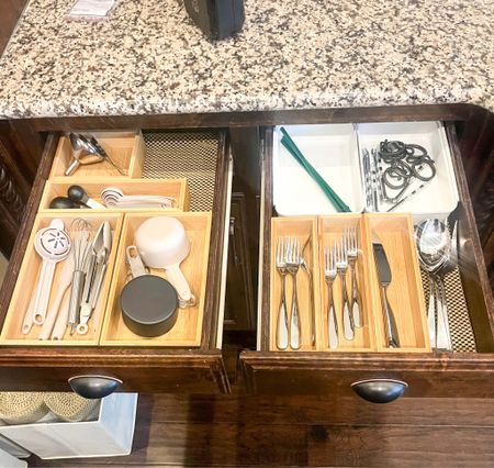 Gosh I love a good drawer organizer! We love to use these in the kitchen drawers, especially when the inside of the drawers are lighter wood, and the kitchen overall has some bamboo or wood touches. Here we stayed within the client’s budget and used what she already had as part of that, but you can use as many as you need in various sizes. 