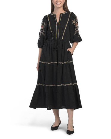 Three-quarter Sleeve Floral Embroidered Maxi Dress | TJ Maxx