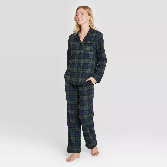 Women's Plaid Perfectly Cozy Flannel Long Sleeve Notch Collar Top and Pants Pajama Set - Stars Ab... | Target