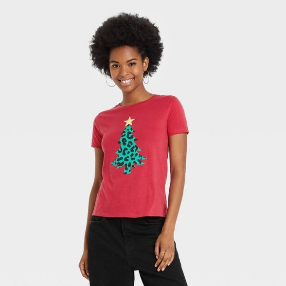 Women's Christmas Tree Leopard Print Logo Short Sleeve Graphic T-Shirt - Red | Target