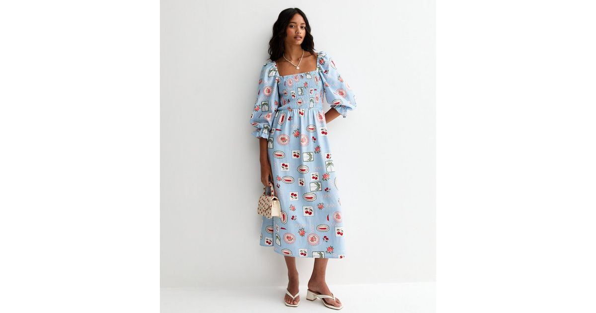 Blue Chilly and Cherry Print Shirred Midi Dress | New Look | New Look (UK)