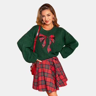 Women's Festive Plaid Bow Tie Knit Sweater - Cupshe-S-Green | Target
