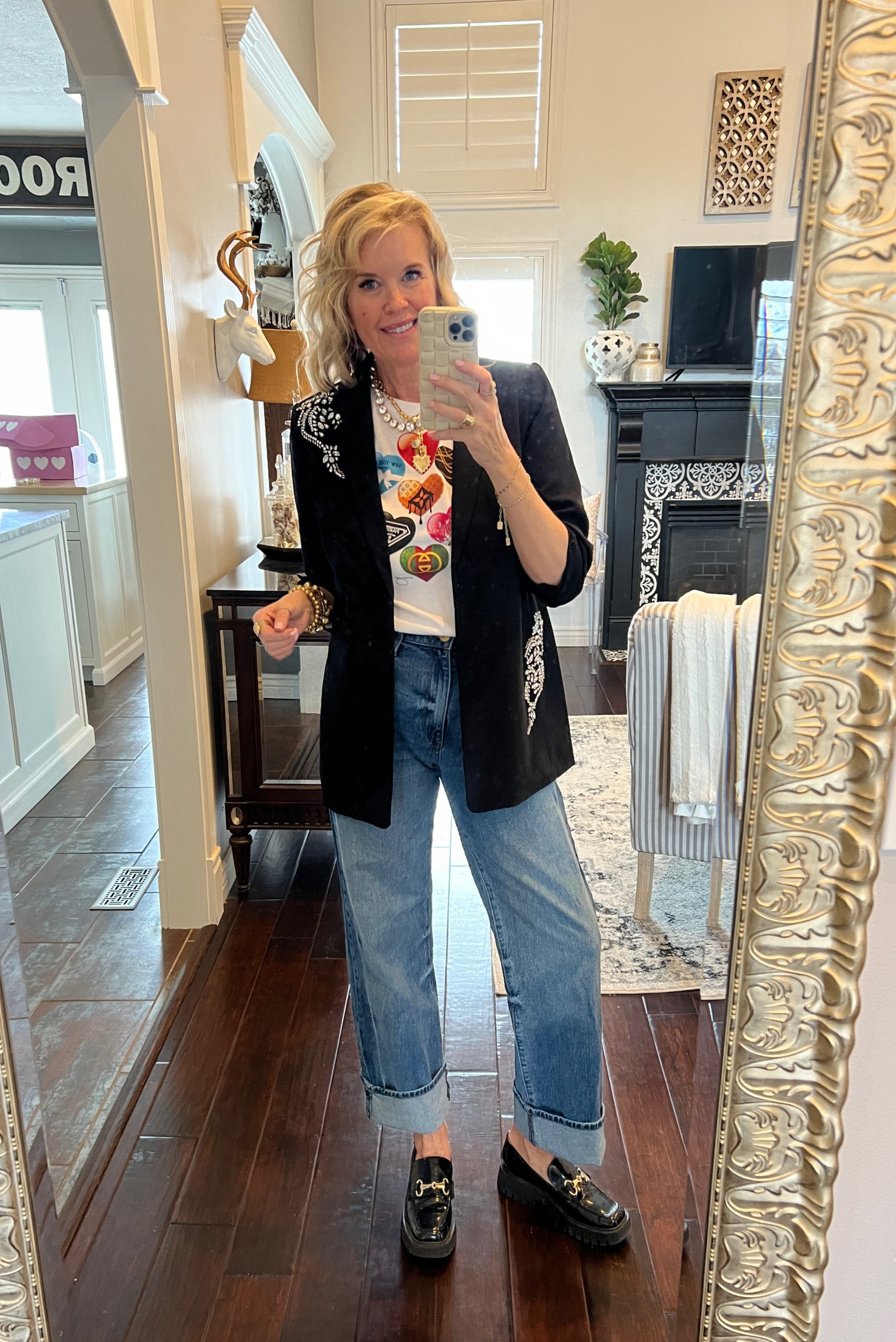 Elevated casual with a touch of Valentine♥️🖤❤️💕

🚨Sale Chico blazer with rhinestone detail blazer fits tts

Wide cuff high waisted denim jeans that work for tall girls  by Kut  from  the Kloth fits tts 

Heart graphic tee this one is by Jodi pedri not linkable 

Platform loafers  

Heart chain necklace
Bling necklace Anthro 

Lisi lurch  gold bead bracelet 
And a Zenzii bling braclet 



#LTKMostLoved #LTKstyletip #LTKsalealert