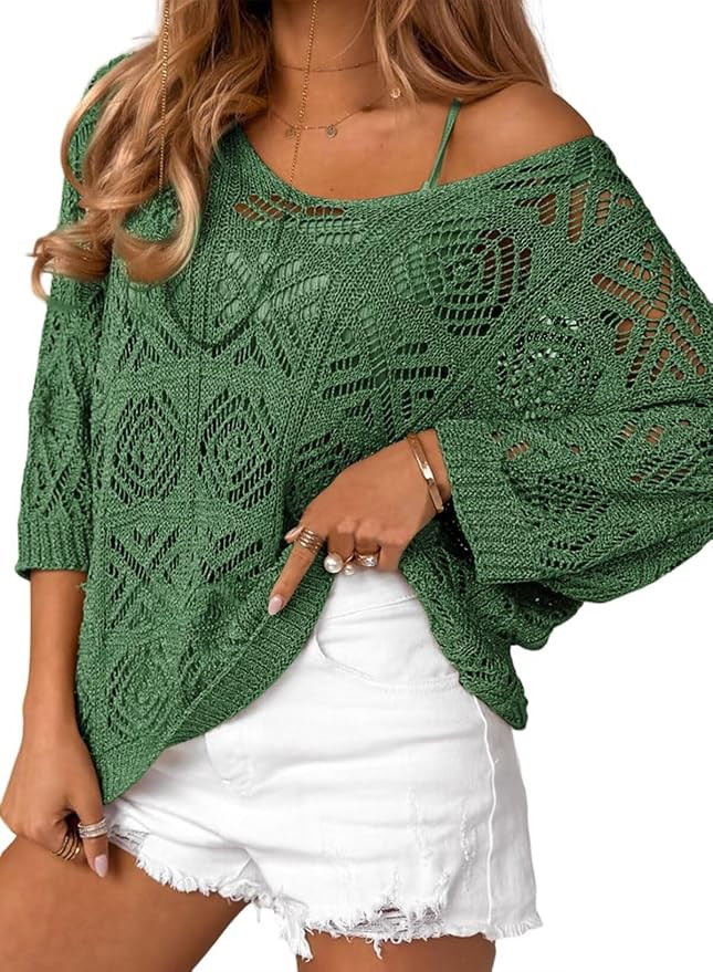 Dokotoo Women's 2025 Spring Summer Crochet Hollow Out 3/4 Sleeve Pullover Sweater Off Shoulder T-... | Amazon (US)