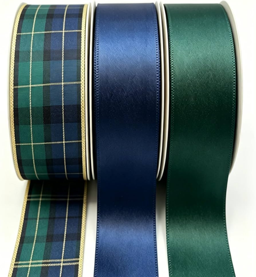 Whaline Tartan Plaid Wired Edge Ribbon Green Blue Satin Ribbon, 3 Roll 1.5" | Amazon (US)