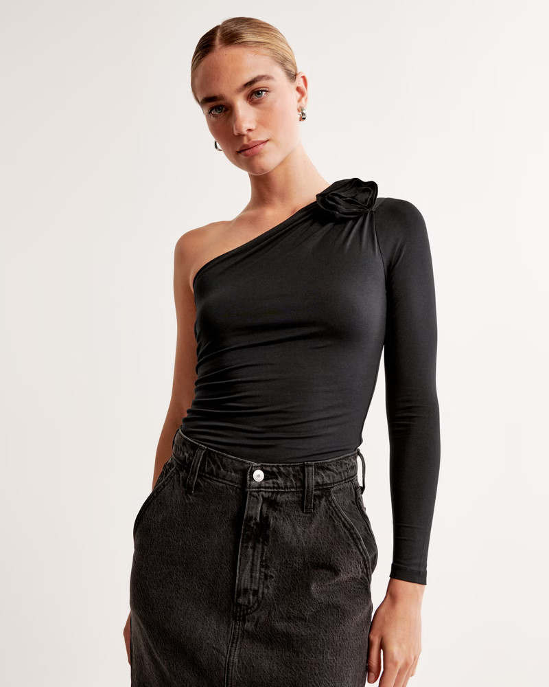 Long-Sleeve One-Shoulder Ruched Rose Top | Abercrombie & Fitch (US)