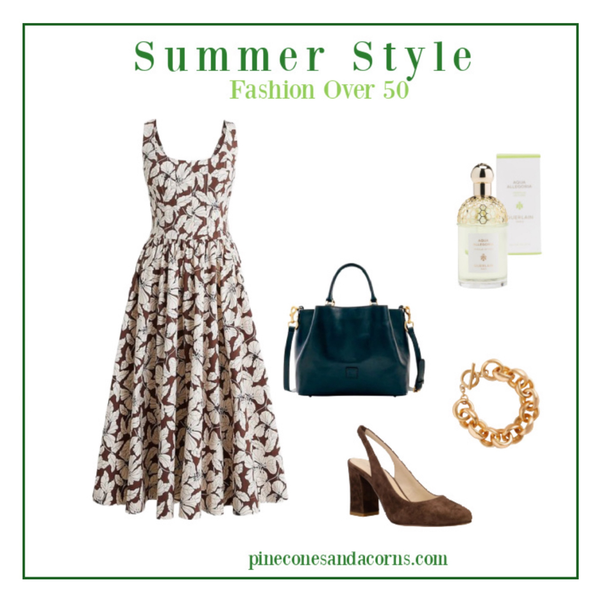Summer style that will take you into fall. A brown and white flower dress paired with simple accessories  is beautiful now and later. Wear this to a wedding a night out or add sandals for a lunch with friends. 

#LTKover40 #LTKSeasonal