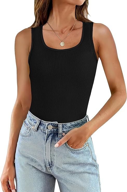 WIHOLL Womens Ribbed Tank Tops 2024 Summer Scoop Neck Slim Fitted Tops Casual Basic Knit Sleevele... | Amazon (US)