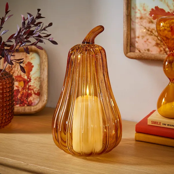Tall Pumpkin Orange Glass Lantern | Dunelm