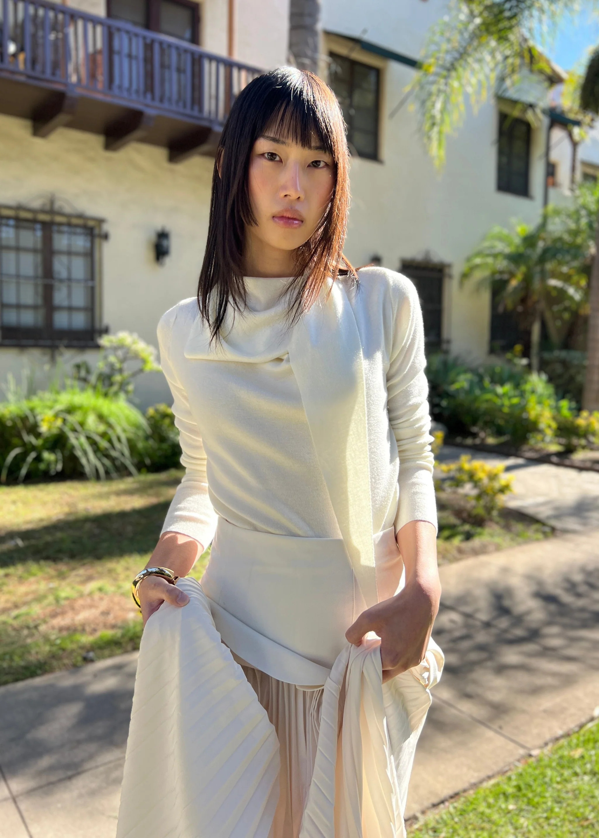 Janine Wrap Neck Long Sleeve Knit Scarf Top - Cream | Benaar La