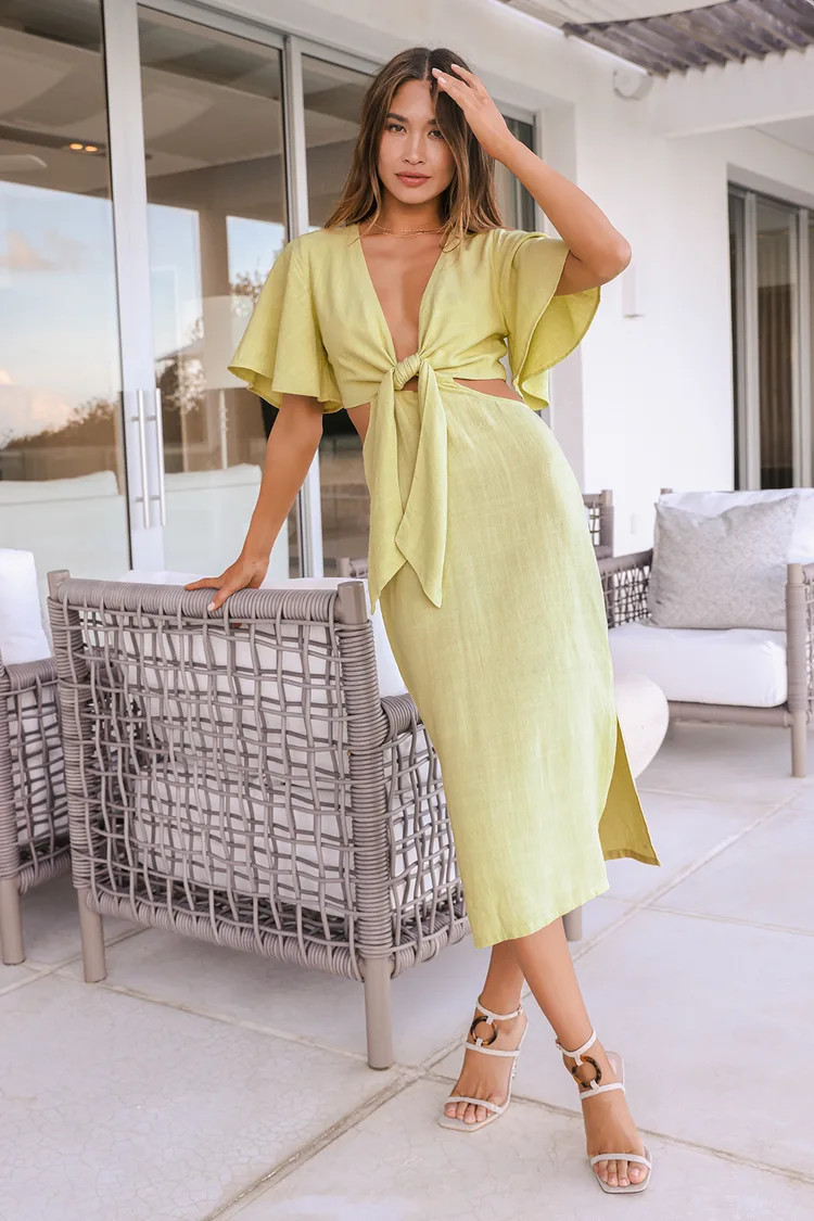 Light Green Tie-Front Cutout Midi Dress palm springs resort wear 2023 resortwear resort dress | Lulus (US)