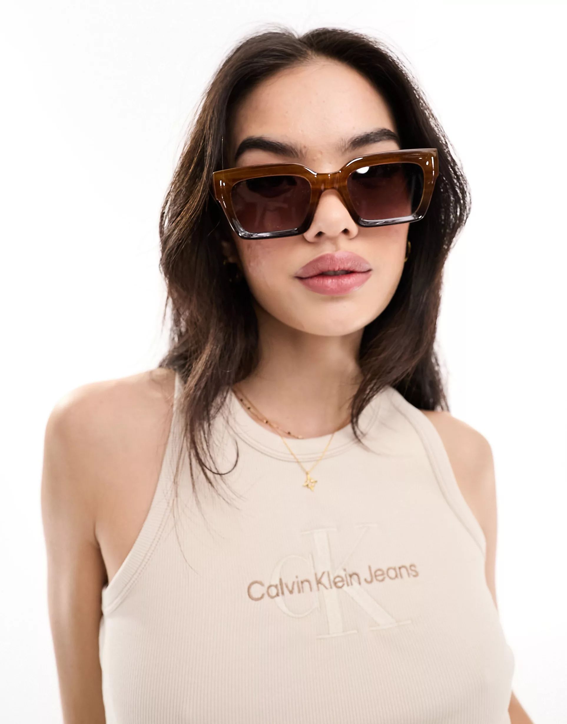 ASOS DESIGN bevel square sunglasses in crystal brown | ASOS (Global)