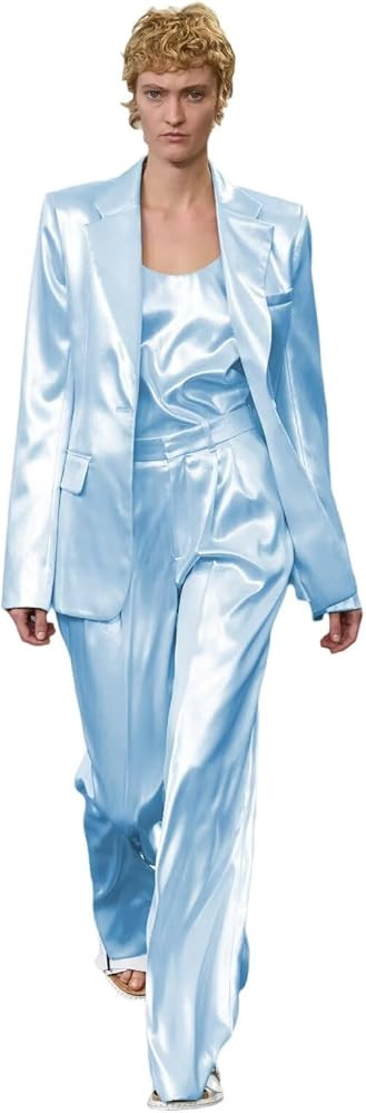 HZUOU Satin Silk Women Pants Suits 2 Pieces Mother of Bride Wedding Blazer Tuxedos Ladies Office ... | Amazon (US)
