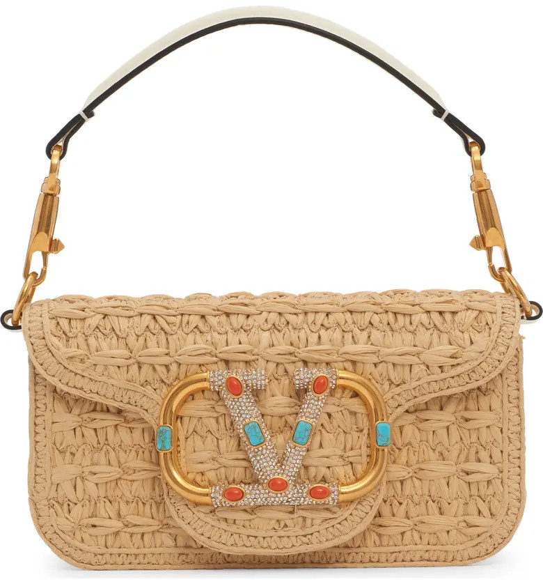 Small Locò VLOGO Crystal & Bead Detail Raffia Shoulder Bag | Nordstrom