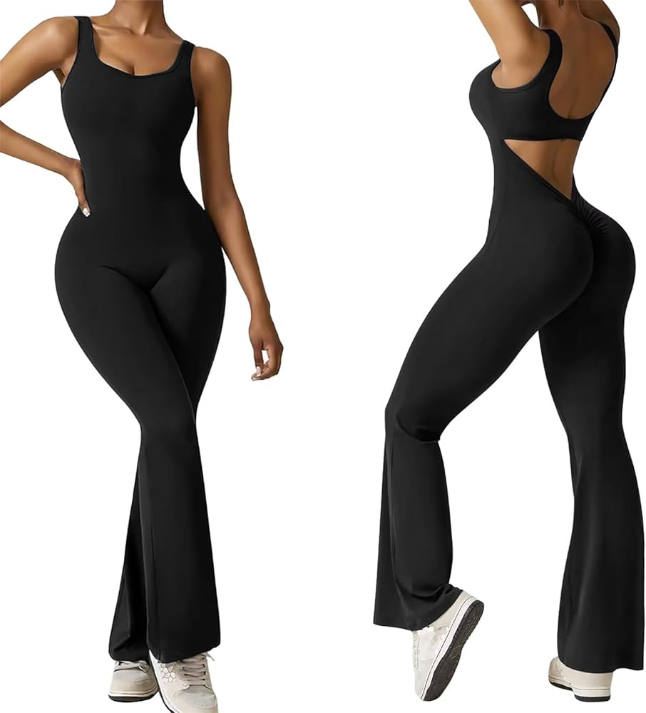 Women Sleeveless Flare Jumpsuits Sexy Backless Scrunch Butt Yoga Workout Rompers One Piece Tank T... | Amazon (CA)