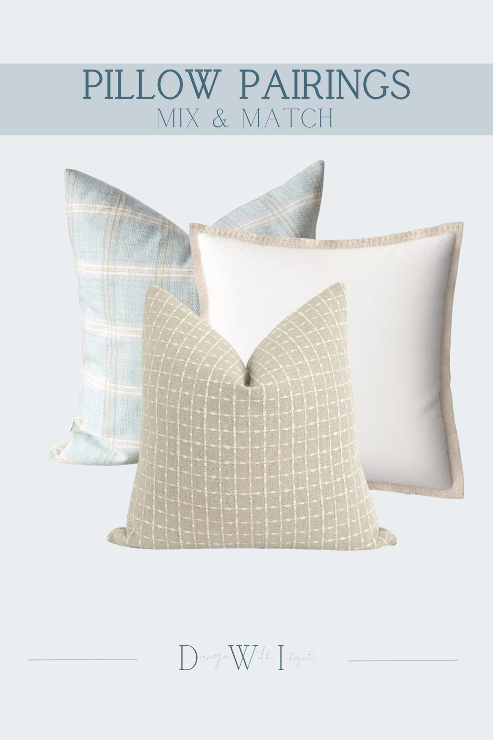 There is something so effortlessly beautiful about pairing soft blue with warm, natural neutrals.

This trio works because each pillow brings something different while staying within the same quiet, sophisticated palette. The soft blue plaid introduces a relaxed pattern and subtle movement, the ivory pillow creates a clean visual pause, and the warm taupe grid adds just enough contrast and detail to ground the combination. Together, the mix of pattern scales and understated texture creates a collected look that feels timeless rather than overly coordinated.

Shop the curated pillow pairing to bring this soft, layered look into your own home.

#PillowPairings #PillowStyling #BlueAndNeutralDecor #InteriorStyling #DesignerDecor #HomeDecorInspiration #ThrowPillows 

 #LTKHome