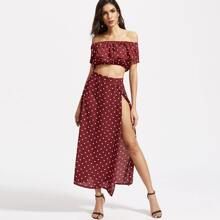 Textured Dot Ruffle Crop Top With Split Skirt | SHEIN