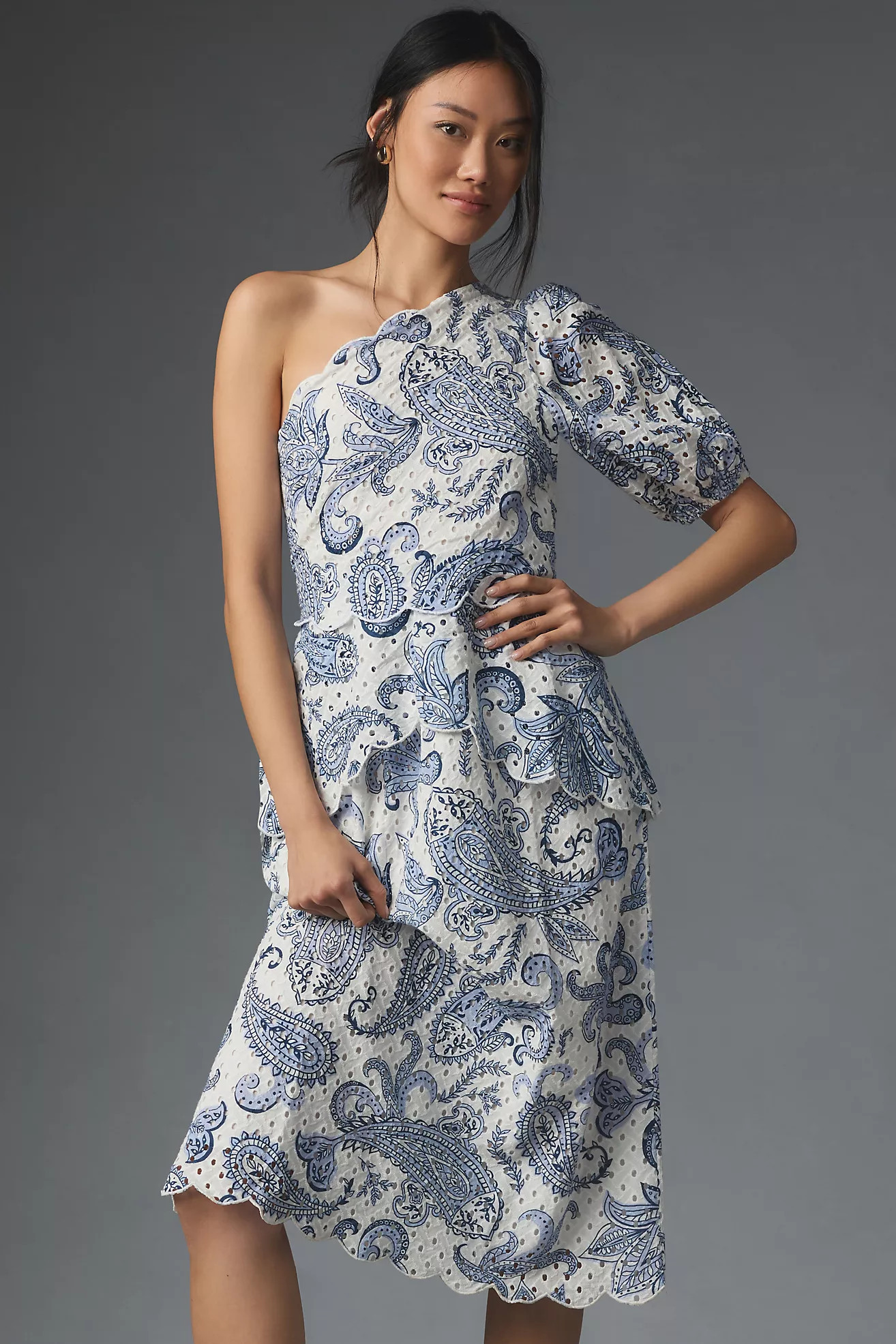 Farm Rio One-Shoulder Eyelet Midi Dress | Anthropologie (US)