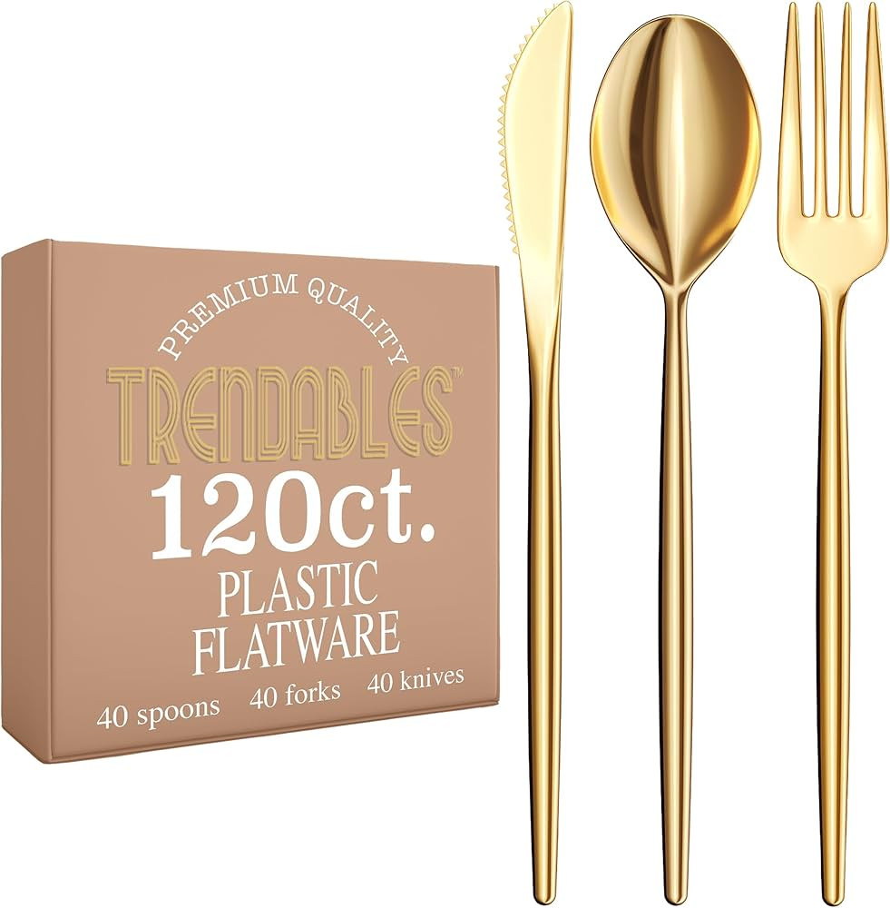 Trendables Gold Plastic Silverware Set Gold Silverware Disposable Forks and Spoons Disposable 120... | Amazon (US)