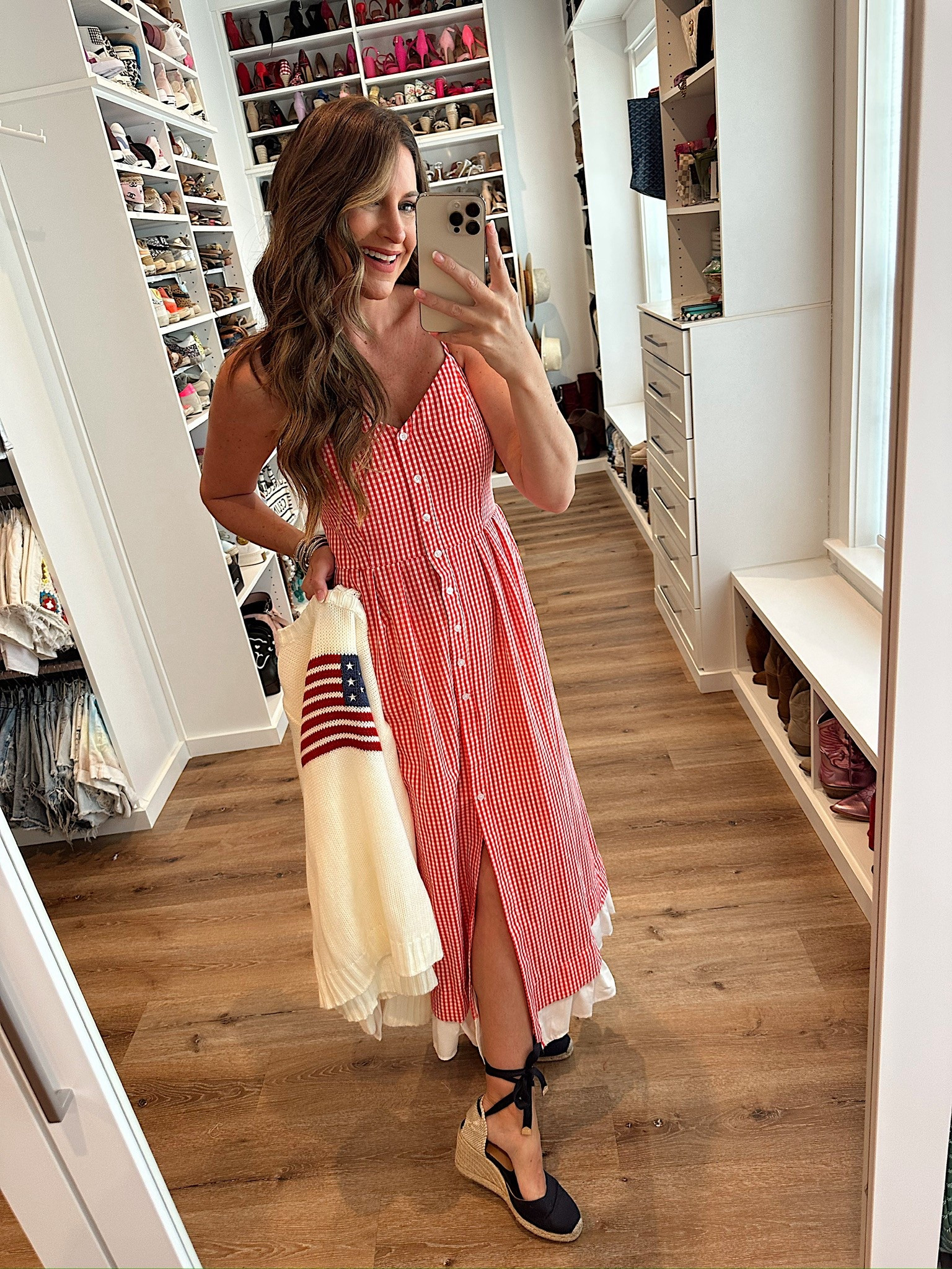 In a medium plaid button up maxi, large American flag sweater, tie up espadrille wedges and accessories for patriotic look- fits tts.

#LTKFindsUnder50 #LTKStyleTip #LTKSeasonal