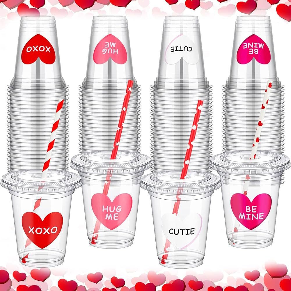 20 Sets Pink Valentine's Day Cups Include Plastic Lid Straws Supplies Decorations Favor Heart Sha... | Amazon (US)