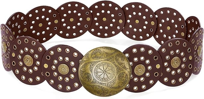 Wide Disc Belt for Women Vintage Leather Hollow Out Round Belt Western Waist Belt | Amazon (US)